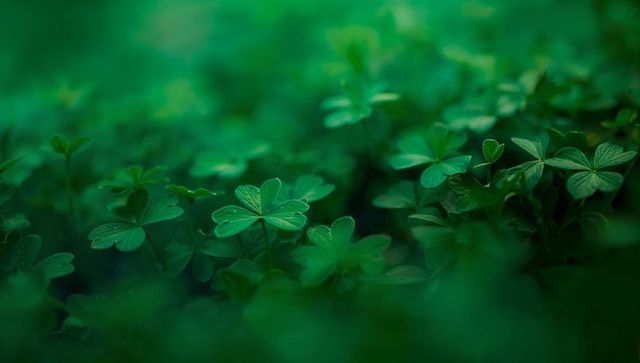 Macro clover leaves with dew in lush green meadow closeup botanical texture and bokeh