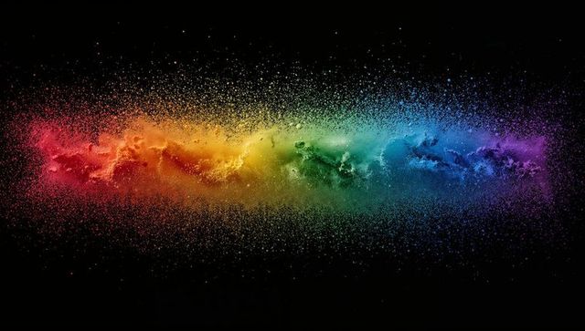 Vibrant rainbow powder explosion in midair against black background