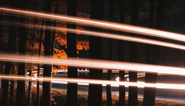 Car light trails cutting through autumn forest with orange leaves at night