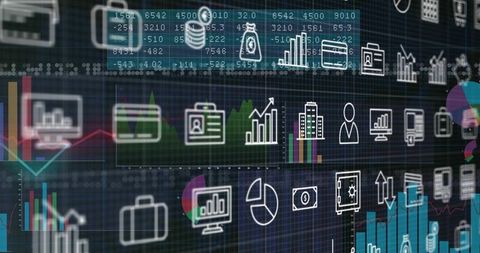 Financial analytics interface displaying interactive charts, graphs, icons, data overlays