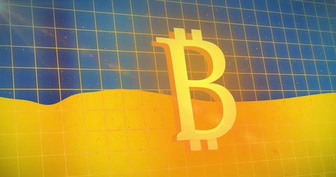 Bitcoin Symbol with Colors of Ukrainian Flag and Abstract Grid