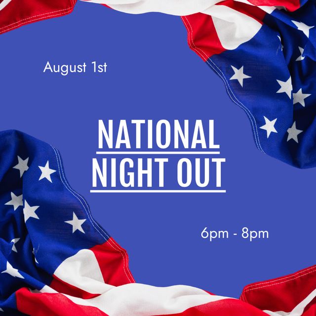 Perfect for promoting community events and patriotism, this image of National Night Out framed by a clearly identifiable American flag drapery represents unity and togetherness. Ideal for flyers, social media posts, and community websites. The strong patriotic theme makes it especially relevant for American community activities aiming to enhance neighborhood relations on August 1st.