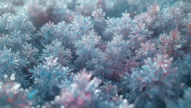 Glistening Iridescent Hoar Frost Macro with Sparkling Fern-Like Crystals, Soft Dawn Bokeh