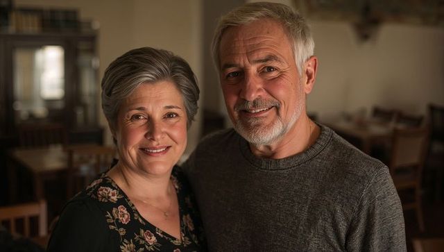 Smiling senior couple posing in cozy dining room, warm domestic portrait of mature love