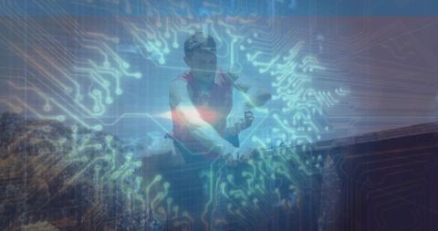 Man Relaxing on Railing with Tech-themed Overlay in Nature