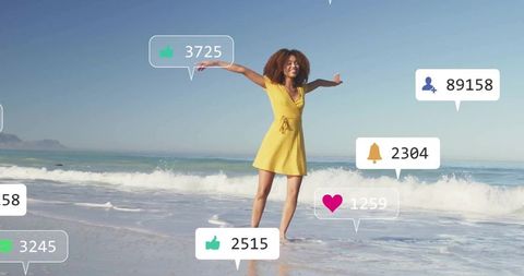 Joyful Woman at Beach Amidst Social Media Icons