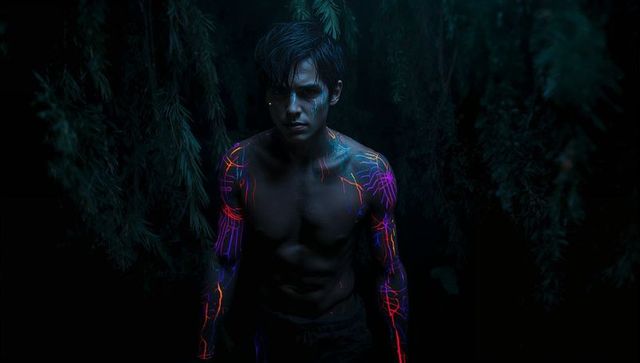 Mysterious man with neon body art in enchanted forest