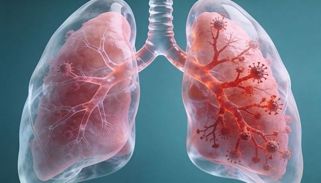 Clear lungs showing viral infection spreading through bronchial tree with inflamed alveoli