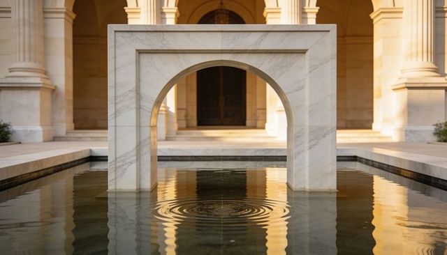 Marble arch pavilion reflecting in tranquil pool with ripples and neoclassical colonnade