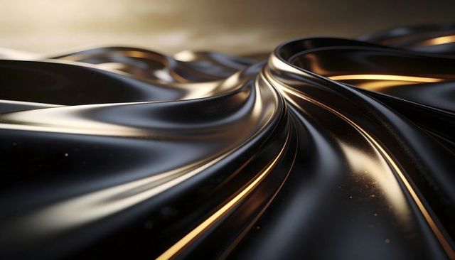 Flowing glossy black metal ribbons with gold highlights and shimmering onyx flecks