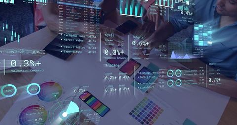 Business Team Collaborating Over Data Dashboards with Augmented Reality Overlays