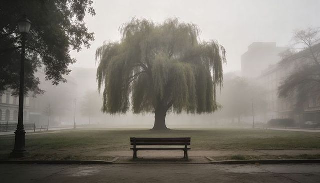 Fog-shrouded urban park with solitary weeping willow drooping over empty bench at dawn