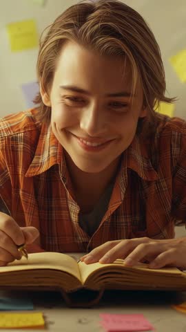 Smiling Teen Writing in Notebook While Thinking at Study Desk Vertical Video