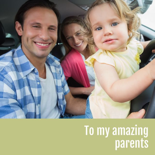 Happy family portrait with young parents and their daughter inside a car, all smiling and showing happiness. Perfect for family-related promotions, advertisements, parenting guides, and articles about family travel or bonding. Ideal image for greeting cards, conveying love and affection towards parents, or promoting car safety for families with young children.