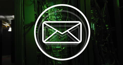 Digital Email Icon with Server Background in Data Center