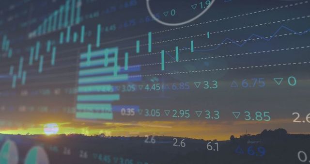 Stock market analysis showing data overlay on sunset horizon