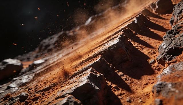 Wind-blown red dust erupting from jagged rock ridge over arid canyon trench