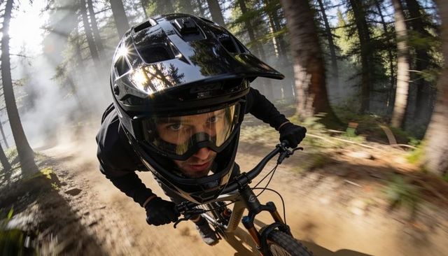 Racing down pine trail, male mountain biker charging through dust with full-face helmet