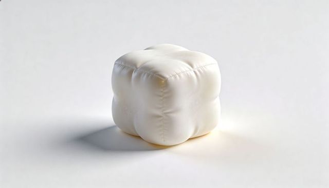 Minimalist tufted ivory cube pouf with stitched seams on seamless white surface