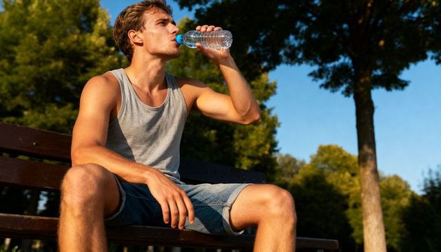 Young man hydrating after outdoor workout while resting on park bench in warm sunlight