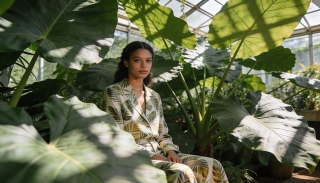 Calm woman in leaf-print outfit sitting among large tropical leaves in sunlit greenhouse