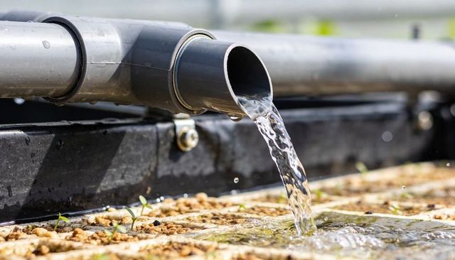 Pouring water from pvc irrigation pipe onto seedling tray in greenhouse nursery