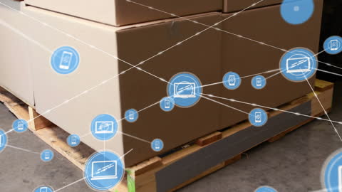 Digital Network Over Shipping Carton in Warehouse