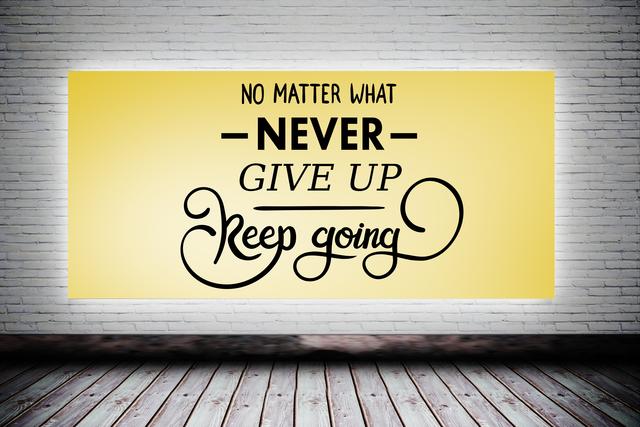 This image features a motivational message 'No Matter What - Never Give Up - Keep Going' in stylish typography on a yellow background. Ideal for use in inspirational blog posts, social media graphics, office decor, or as a motivational poster. The combination of the bright yellow background and the elegant black text creates a visually appealing and uplifting design.
