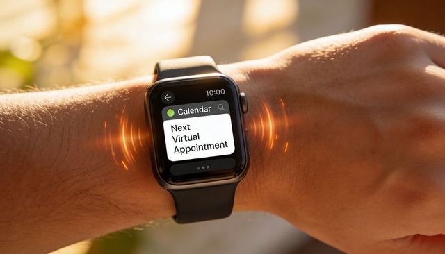 Smartwatch displaying next virtual appointment notification on bare wrist in warm sunlit bokeh