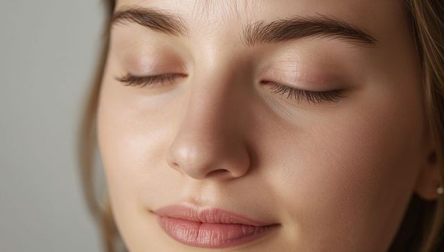 Smiling woman resting with closed eyes in serene studio closeup showing smooth skin