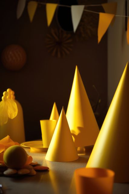 Close up of party hats over bunting, created using generative ai technology. Party, birthday party and celebration concept digitally generated image.
