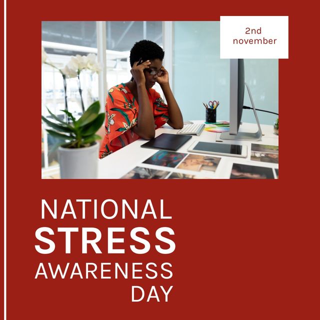 This image features a stressed African American woman in a brightly lit office, signifying National Stress Awareness Day on November 2nd. Displayed prominently is the awareness campaign text, making it ideal for use in corporate wellness programs, mental health campaigns, or social media posts encouraging work-life balance and stress management in the workplace.