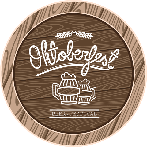 Vector illustration featuring Oktoberfest lettering and beer mugs on a wooden barrel design against a transparent background. Ideal for promotional materials for Oktoberfest events, creating festive merchandise, or digital banners celebrating traditional German beer festivals.