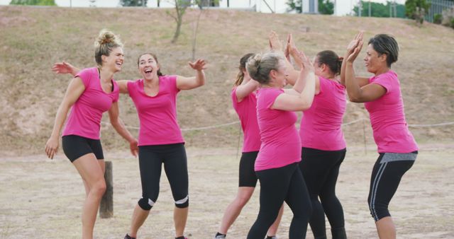 Group of women high-fiving and celebrating during an outdoor team sports event. They all wear matching pink shirts and black shorts, indicating team unity. Use this image to highlight themes of teamwork, physical fitness, group activities, female empowerment, and joyful moments.