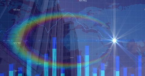 Global financial data overlay with rising bar graph