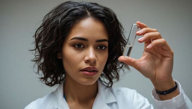 Woman scientist inspecting clear vial in laboratory wearing white coat and wristwatch