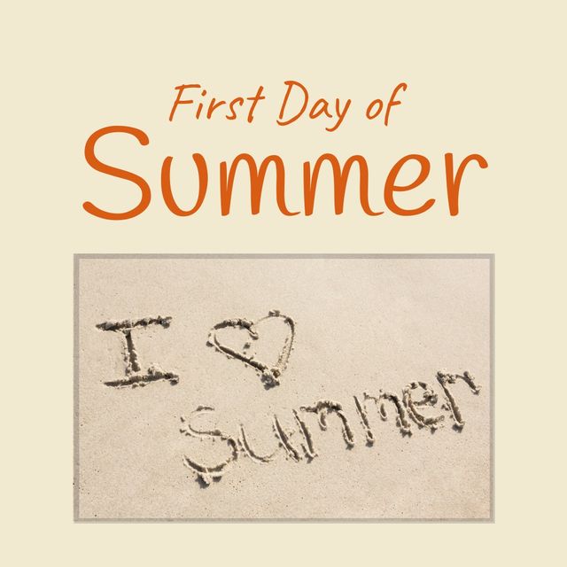 Digital composite image of first day of summer text over handwriting with heart shape on sand. beach holiday concept.