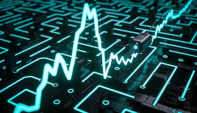 Neon Cyan Waveform Tracking Across Futuristic Circuit Board With Tethered Cube Camera