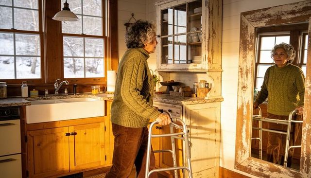 Senior woman using walker in rustic farmhouse kitchen, gazing at mirror reflection