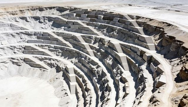 Circular terraced open-pit mine revealing stepped benches and haul road in arid desert