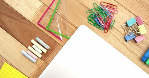 Colorful School Supplies with Blank Notebook on Wooden Surface - Download Free Stock Images Pikwizard.com