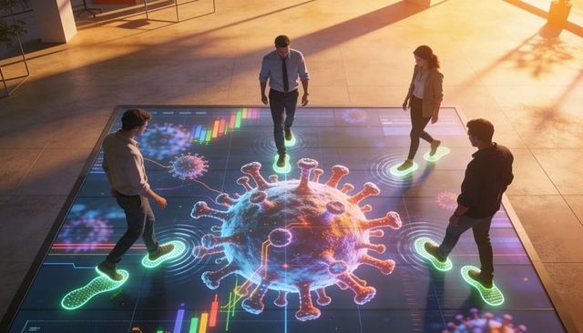Business team analyzing holographic virus data on interactive floor display with ar charts