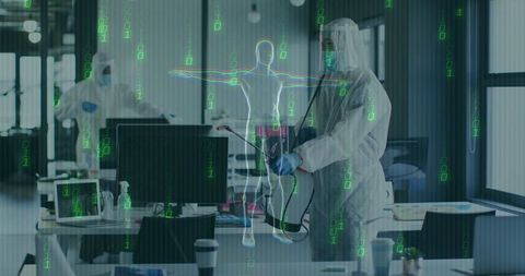 Hazmat worker sanitizing office with digital overlay