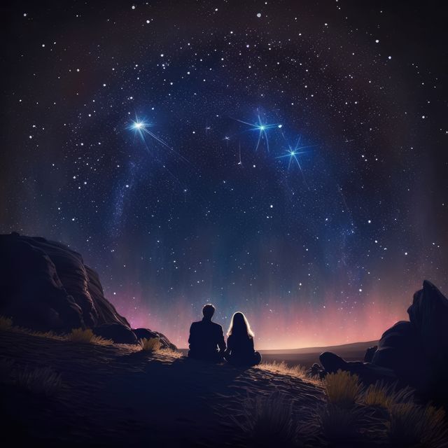 Silhouetted couple sitting together on rocky landscape under star-studded night sky. Sparkling constellations form above them, creating a serene and romantic mood. Ideal for themes on romance, togetherness, nature, astronomy, and peaceful evening experiences. Perfect for relationship blogs, astronomy articles, nature exploration content, or any creative project involving tranquility and star-gazing.