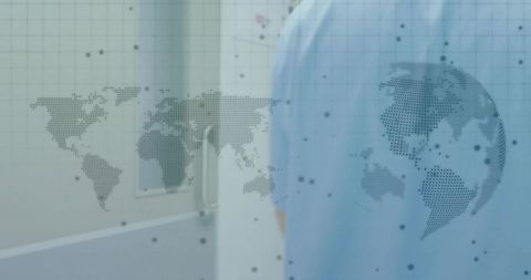 Healthcare worker facing clinic corridor with dotted world map and digital overlay
