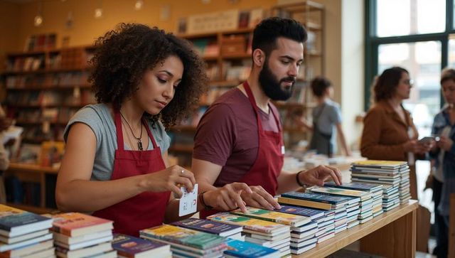 Bookstore staff organizing and labeling paperbacks and hardcovers during busy shift