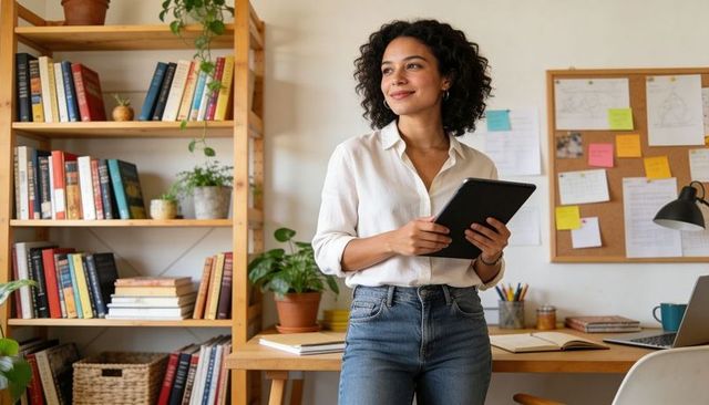 Young professional holding tablet in cozy home office with bookshelf, plants and laptop