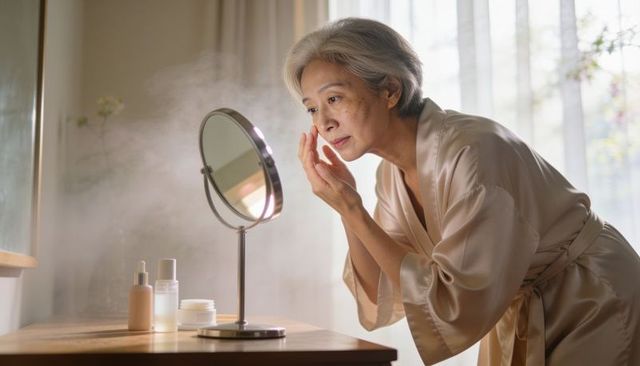 Mature woman in satin robe applying skincare at vanity mirror with facial mist