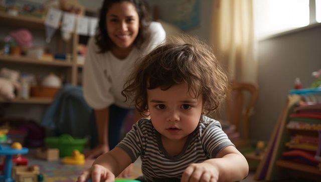Curious toddler crawling and reaching colorful blocks while caregiver watching and smiling