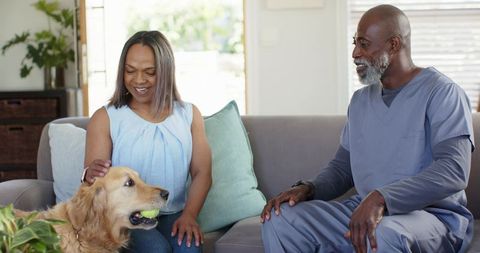 Golden retriever being petted by senior black couple during home health visit